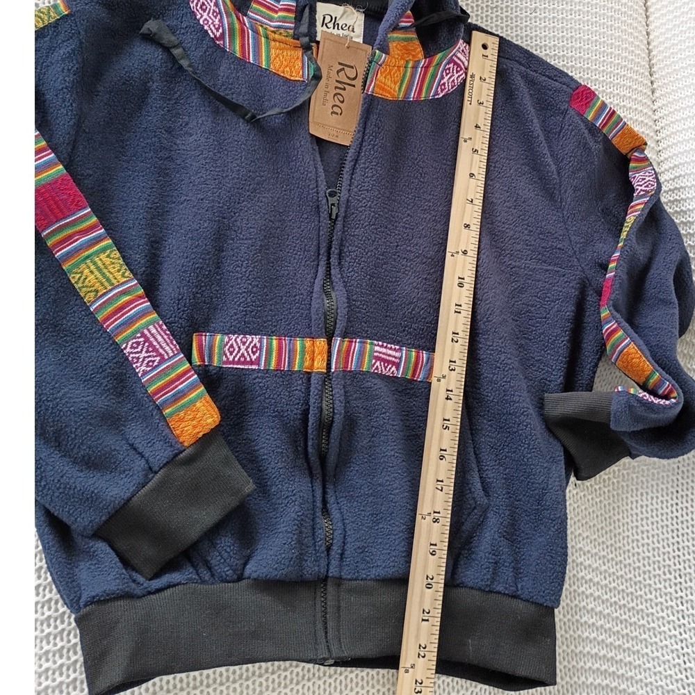 NWT Rhea Artisan Fleece Hoodie Jacket Navy Boho Trim Zip Up Women Unisex L NWT - Picture 7 of 10